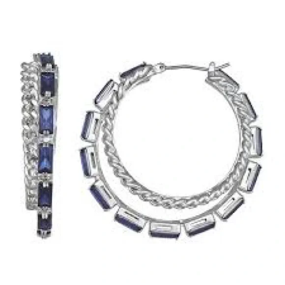 Double Hoop Blue Baguette Stone Earrings Twisted Rope Latch Back - Picture 1 of 3